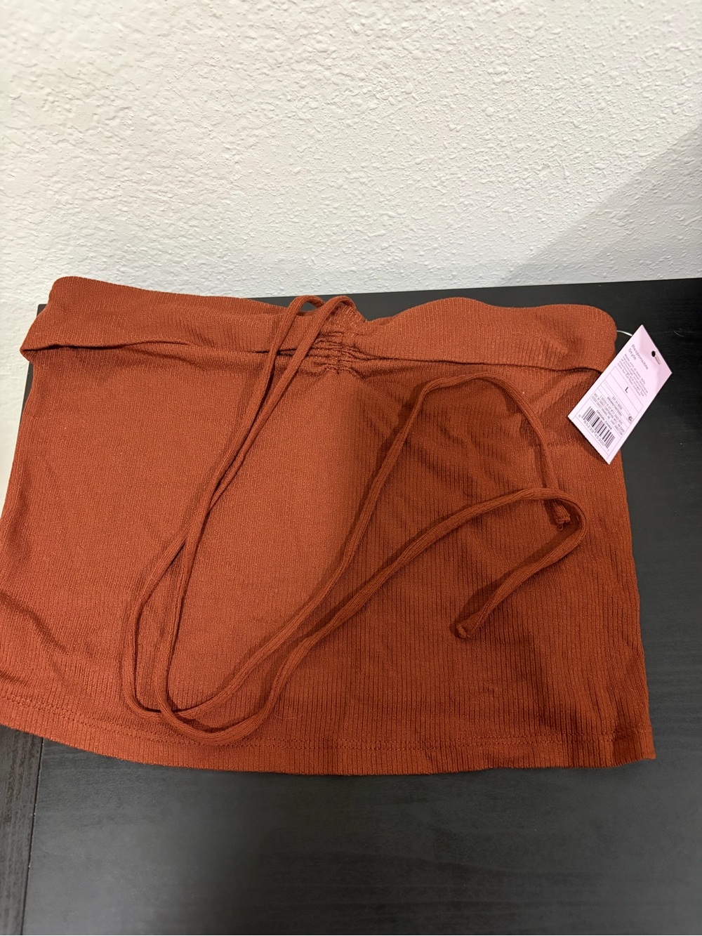 Rust Ribbed Knit Tube Top with Drawstring